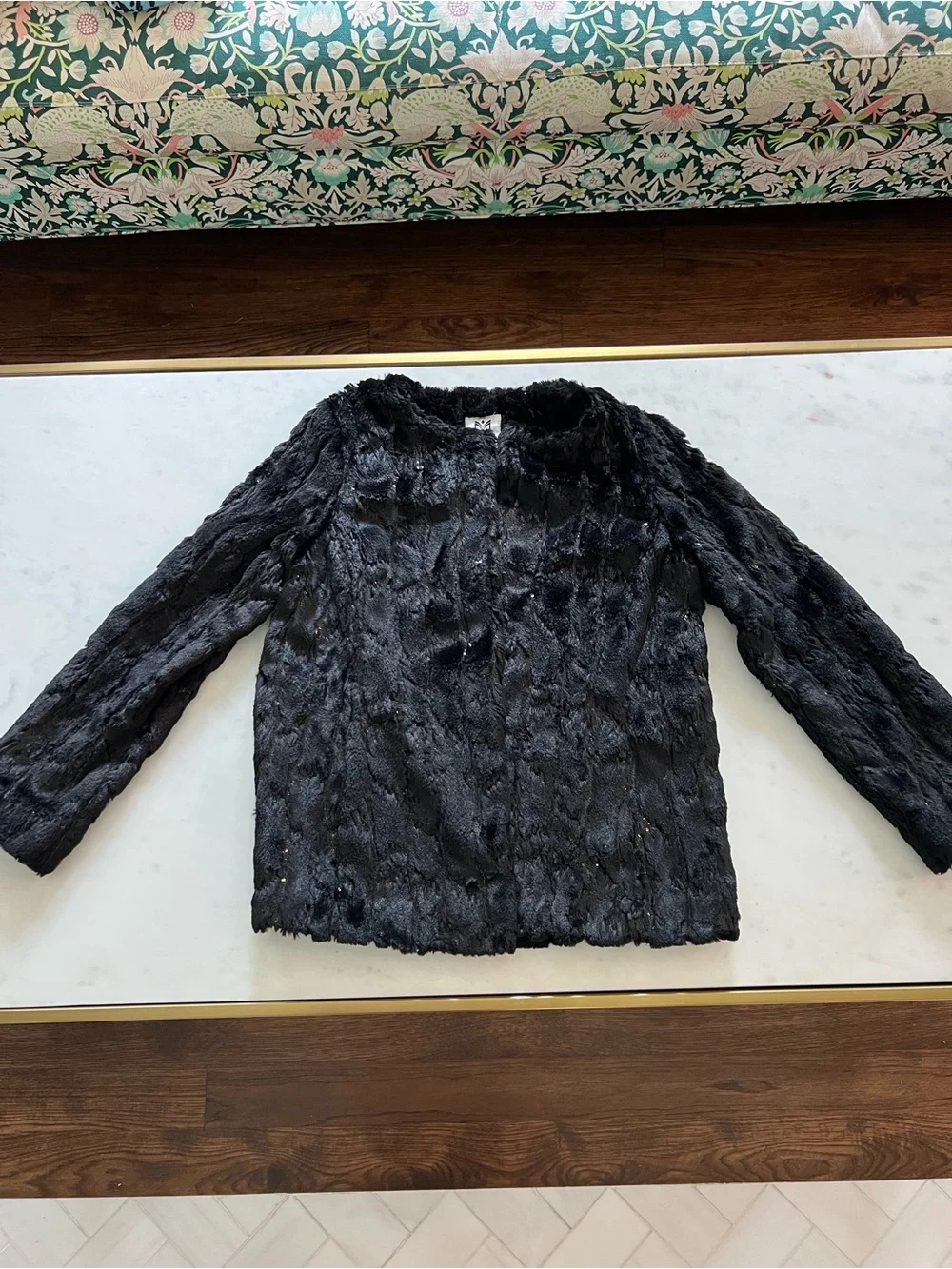 Milly Minis Black Faux Fur With Sequins Open-Front Teddy Jacket